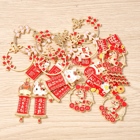Traditional Chinese Style DIY Alloy Enamel Pendants For Jewelry Making Festive Firecracker Lucky Bag Charms Red Gold Drip Oil Accessories