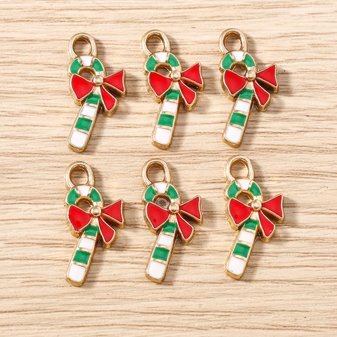 Zinc Alloy Christmas Candy Cane Pendants With Red Bow Enamel Drip Oil Charms For Holiday DIY Jewelry Making Accessories