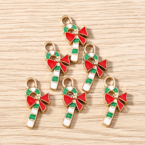 Zinc Alloy Christmas Candy Cane Pendants With Red Bow Enamel Drip Oil Charms For Holiday DIY Jewelry Making Accessories