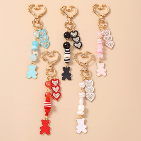 Fashion Heart Bear Keychain For Women Zinc Alloy Beaded Rhinestone Heart Pendant Decorative Bag Hanging Accessory Gift