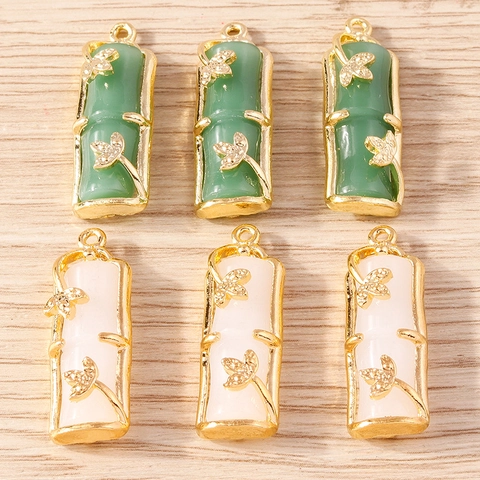 Pendente in Stile Bambù Orientale Vintage in Lega Imitazione Giada con Ornamento a Foglia e Strass Accessori per Gioielli DIY