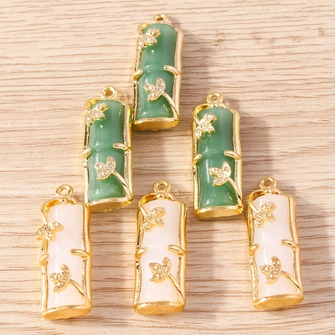 Pendente in Stile Bambù Orientale Vintage in Lega Imitazione Giada con Ornamento a Foglia e Strass Accessori per Gioielli DIY