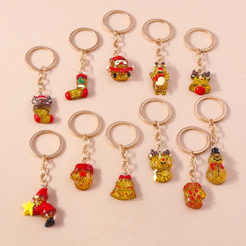 Christmas Resin Glitter Keychain Cute Snowman Elk Stocking Glove Bell Accessories Festive Holiday Bag Decor Gift For Kids
