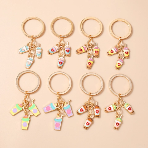 Cute Milk Tea Drink Cup Enamel Keychain With Heart Pattern Gold Alloy Pendant Bag Accessory For Women Girls Gift Key Ring