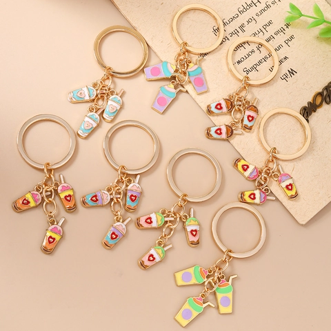 Cute Milk Tea Drink Cup Enamel Keychain With Heart Pattern Gold Alloy Pendant Bag Accessory For Women Girls Gift Key Ring