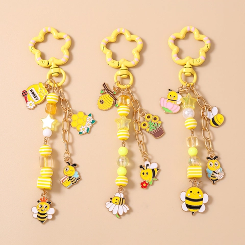 Portachiavi Ape Cartone Animato Girasole Nido d'Ape Lega di Zinco Smalto Perline Ciondolo Borsa Carino Accessorio Floreale Regalo Donna Ragazza