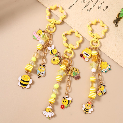 Portachiavi Ape Cartone Animato Girasole Nido d'Ape Lega di Zinco Smalto Perline Ciondolo Borsa Carino Accessorio Floreale Regalo Donna Ragazza