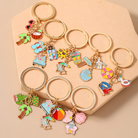 Llavero de Vacaciones en la Playa de Verano Aleación Esmalte Cocotero Concha Estrella de Mar Colgante de Bolso para Mujer Joyería Regalo