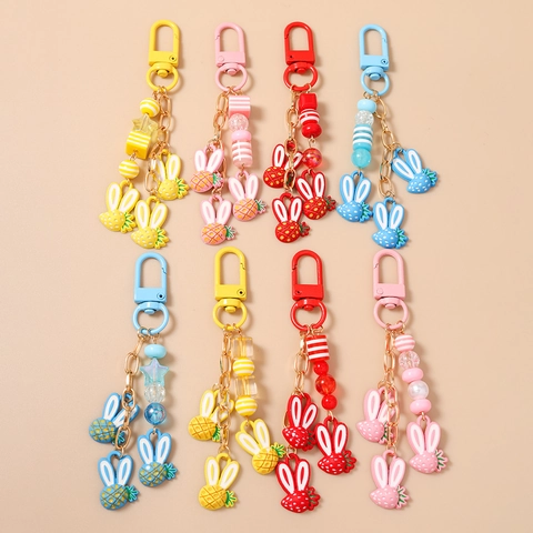 Cute Cartoon Rabbit Fruit Keychain Zinc Alloy Resin Strawberry Pineapple Pendant Key Ring Bag Charm Women Girls Daily Decoration