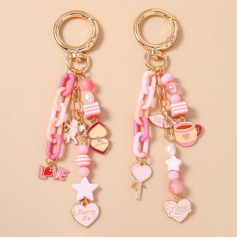 Portachiavi Rosa Dolce con Perline Cuore e Stella per Donna in Lega di Zinco Perle Artificiali Acrilico Ciondolo Borsa