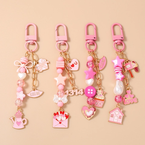 Sweet Pink Enamel Keychain Metal Bead Heart Lips Cake House Mailbox Watering Can Pendant Bag Charm For Women Gift