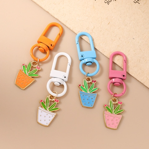 Cute Enamel Cactus Potted Plant Keychain For Women Girls Fashion Zinc Alloy Drip Oil Bag Pendant Key Ring Accessories Gift