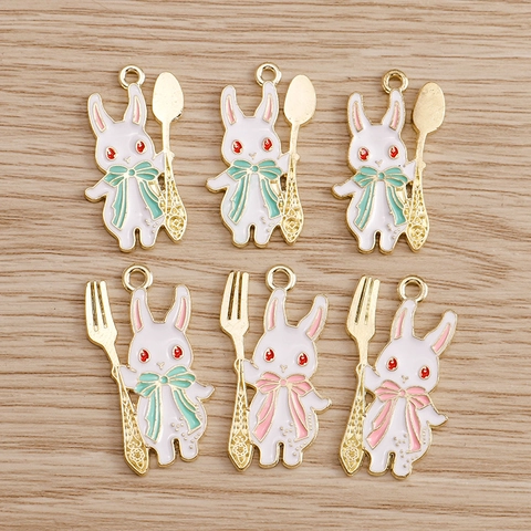 Alloy Enamel Cute Cartoon Rabbit Pendants With Spoon Fork White Rabbit Charms For DIY Necklace Bracelet Jewelry Making Supplies
