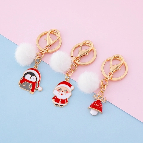 Christmas Theme Enamel Alloy Keychain With White Plush Pom Pom Santa Reindeer Christmas Tree Bell Pendant Keyring For Women Kids