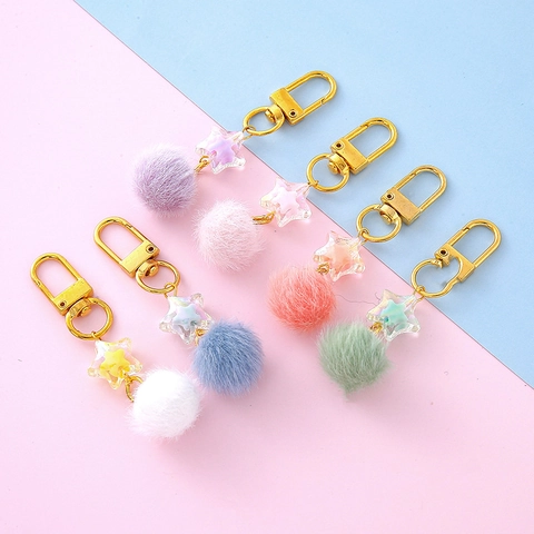 Cute Star Plush Ball Keychain Zinc Alloy Candy Color Transparent Acrylic Star Bag Charm Handmade Key Ring For Women Kids