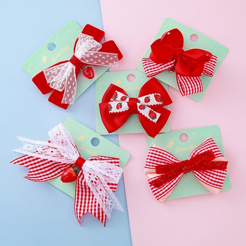 Cute Red Plaid Bow Hair Clips For Girls Ribbon Velvet Fabric Strawberry Cherry Pendant Performance Princess Hair Jewelry