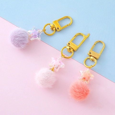 Cute Star Plush Ball Keychain Zinc Alloy Candy Color Transparent Acrylic Star Bag Charm Handmade Key Ring For Women Kids