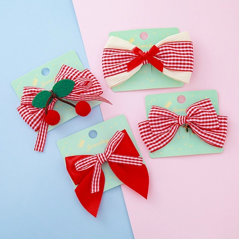 Cute Red Plaid Bow Hair Clips For Girls Ribbon Velvet Fabric Strawberry Cherry Pendant Performance Princess Hair Jewelry