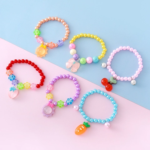 Resin Artificial Pearl Beaded Bracelets For Girls Cute Cartoon Strawberry Flower Animal Pendant Children Fashion Jewelry