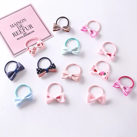 Kids Sweet Bowtie Hair Ties Grosgrain Ribbon Elastic Hair Bands Floral Strawberry Stripe Patterns Girls Hair Accessories