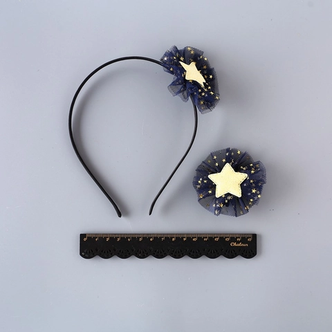 Accessoires Cheveux Enfant Style Coréen Ensemble Étoile Maille Fait à la Main Bleu Marine Paillettes Barrette Élastique Serre-Tête pour Filles Fête Princesse
