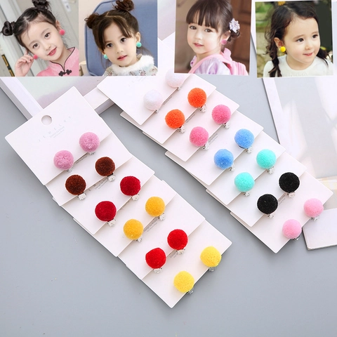 Cute Children Plush Pom Pom Clip-On Earrings For Girls Non Pierced Candy Color Spring Ear Clips Korean Sweet Jewelry For Kids Gift