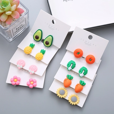 Cute Cartoon Resin Fruit Vegetable Ear Clips For Girls Children Non-Pierced Flower Strawberry Earrings Korean Sweet Jewelry Gift
