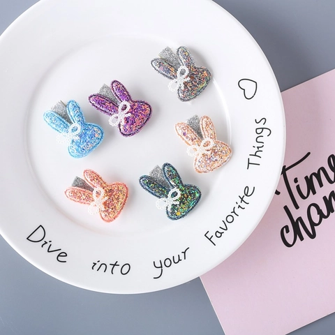 Cute Glitter Rabbit Hair Clips For Girls Sparkly Sequin Bunny Side Clips With Bowknot For Kids Hair Accessories Various Colors