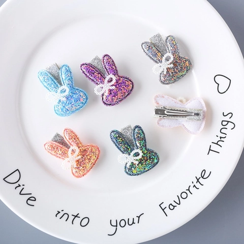 Cute Glitter Rabbit Hair Clips For Girls Sparkly Sequin Bunny Side Clips With Bowknot For Kids Hair Accessories Various Colors