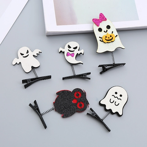 Kids Halloween Sequin Spring Hair Clips Cute Ghost Pumpkin Skull Bat Owl Party Hairpins Handmade Festive Accessories For Girls