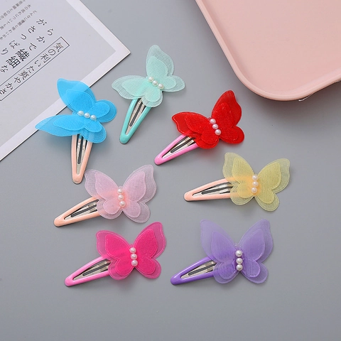 Cute Mesh Butterfly Bow Hair Clips With Artificial Pearl For Kids Girls Princess Hair Accessories Metal BB Side Clips