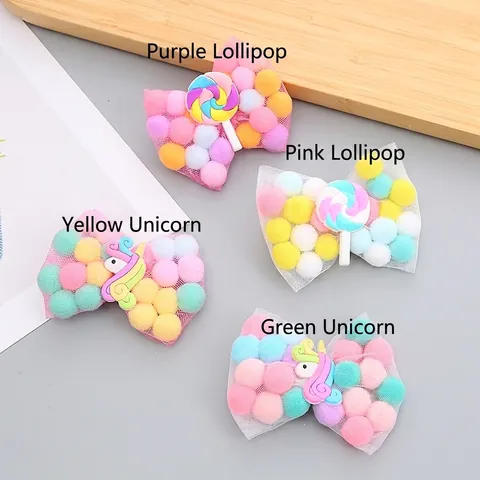 Pinza para el Cabello con Lazo de Malla de Color Macaron para Niños Con Pompones Patrones de Unicornio y Piruleta de Resina