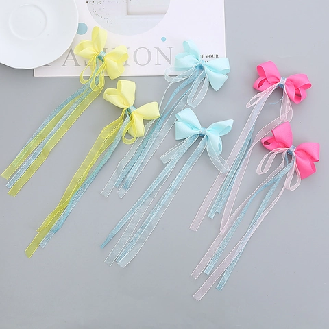 Kinder Handgemachte Schleife Haarklammern Mit Langen Bändern Mädchen Süße Ripsband Organza Glitzer Prinzessin Haarnadeln Kopfschmuck