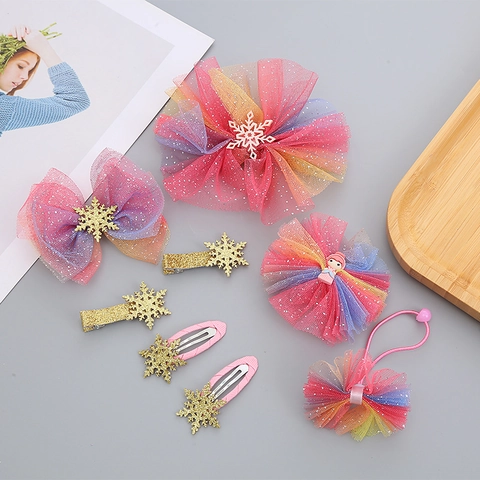 Accessoires Cheveux Nœud en Maille Dégradée pour Enfants Jolies Barrettes Pailletées Flocon de Neige Clips BB Accessoires Princesse Filles Cadeau