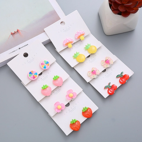 Cute Cartoon Resin Fruit Vegetable Ear Clips For Girls Children Non-Pierced Flower Strawberry Earrings Korean Sweet Jewelry Gift
