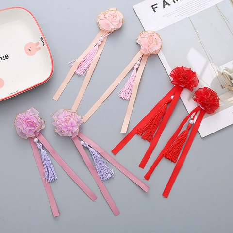 Handmade Ancient Style Flower Tassel Hair Clips For Kids Girls Ethnic Hanfu Performance Ribbon Artificial Pearl Hair Accessories