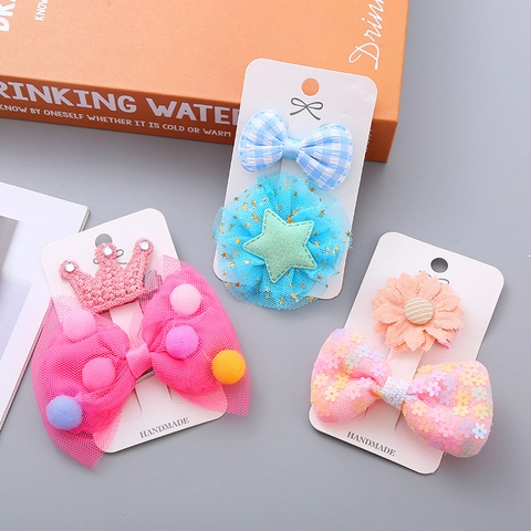 Sweet Girls Handmade Hair Clips Mesh Bow Flower Crown Star Hairpins Kids Fresh Style Headwear Hair Accessories