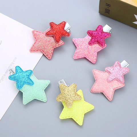 Glitter Star Hair Clips For Girls Handmade Double Layered Pentagram Duckbill Clips Contrast Color Kids Hair Accessories