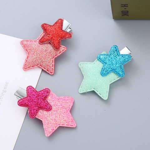 Glitter Star Hair Clips For Girls Handmade Double Layered Pentagram Duckbill Clips Contrast Color Kids Hair Accessories