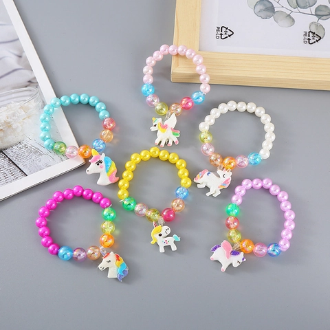 Children Beaded Bracelet Set With Cartoon Unicorn Pendant Cute Resin Elastic Hand Jewelry For Girls Birthday Party Gift