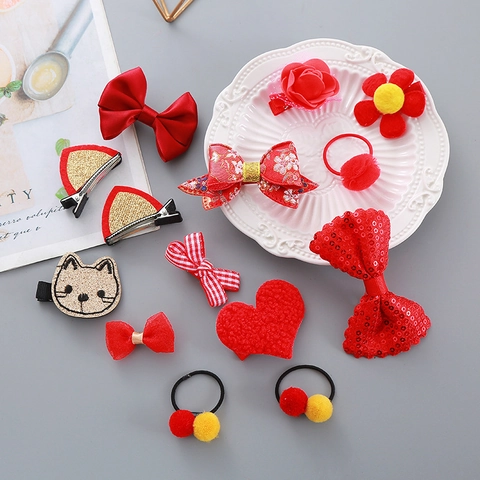 Traditional Chinese New Year Red Bow Hair Clips For Kids Flower Plush Ball Handmade Hair Pins Girls Hair Accessories Festival Gift