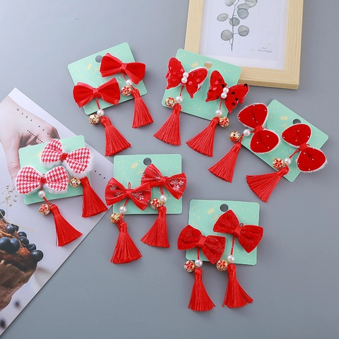 Chinese Style Red Bow Hair Clips With Tassel Bell Artificial Pearl For Kids New Year Ancient Hair Accessories For Girls