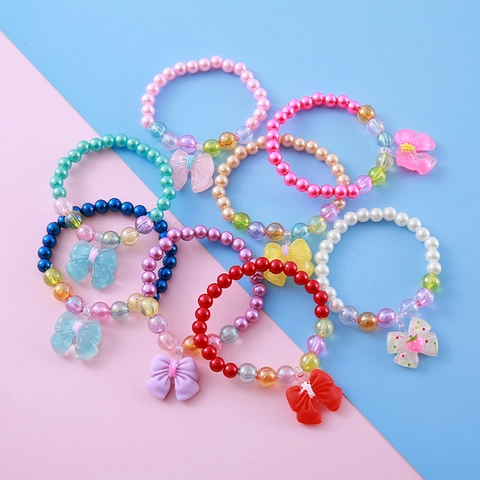 Kinder Süßes Perlen Armband Bunter Schleife Anhänger Künstliche Perle Süßer Harz Anhänger Schmuck Für Mädchen Geburtstag Party Geschenk