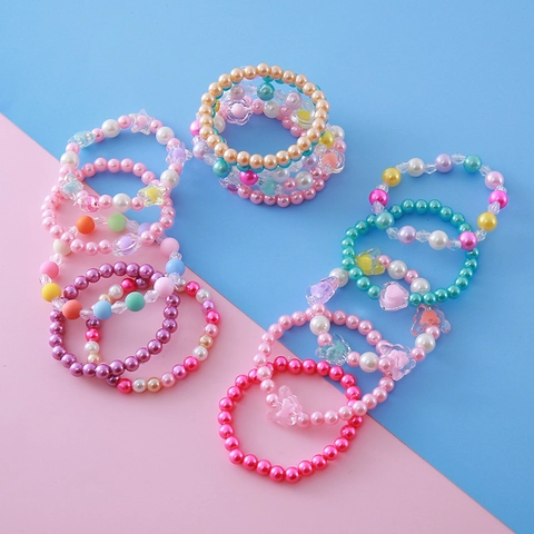 Children's Beaded Bracelet Collection Plastic Faux Artificial Pearl Acrylic Elastic Bracelets With Butterfly Heart Flower Charms For Girls Gift