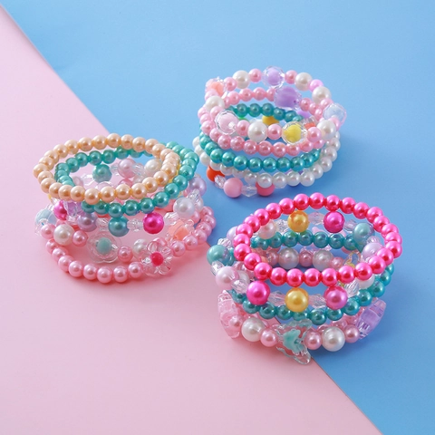 Children's Beaded Bracelet Collection Plastic Faux Artificial Pearl Acrylic Elastic Bracelets With Butterfly Heart Flower Charms For Girls Gift