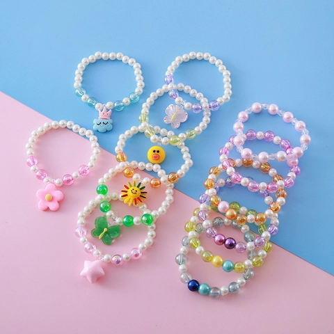 Lindo Brazalete de Cuentas para Niña para Niños Niñas Perla Artificial Resina Unicornio Sirena Colgante Pulsera Elástica Joyería Regalo