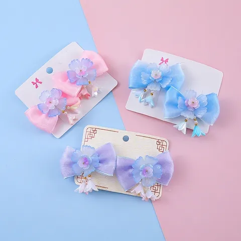 Fermagli per Capelli Bambini Stile Hanfu Fiocco in Raso Con Nappine a Fiore in Resina Accessori per Capelli Cinesi Dolce