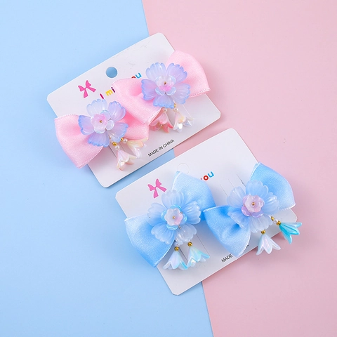 Fermagli per Capelli Bambini Stile Hanfu Fiocco in Raso Con Nappine a Fiore in Resina Accessori per Capelli Cinesi Dolce