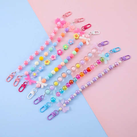 Llavero de Cuentas de Flor y Lazo de Acrílico Color Macarrón Colgante de Bolso para Mujer Joyería de Moda Accesorios