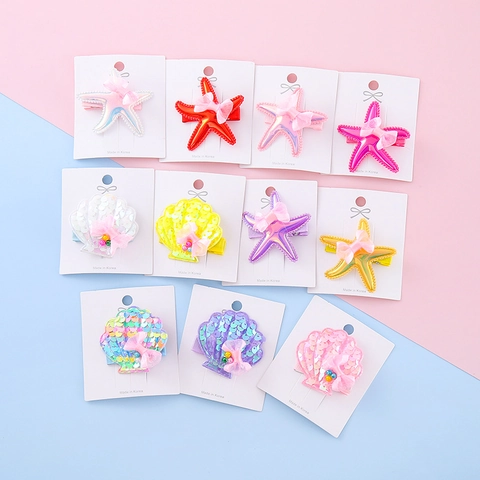 Girls Starfish Shell Sequin Hair Clips Cute Princess Shimmering Mesh Bow Side Clips Children Sweet Ocean Style Headwear Accessories